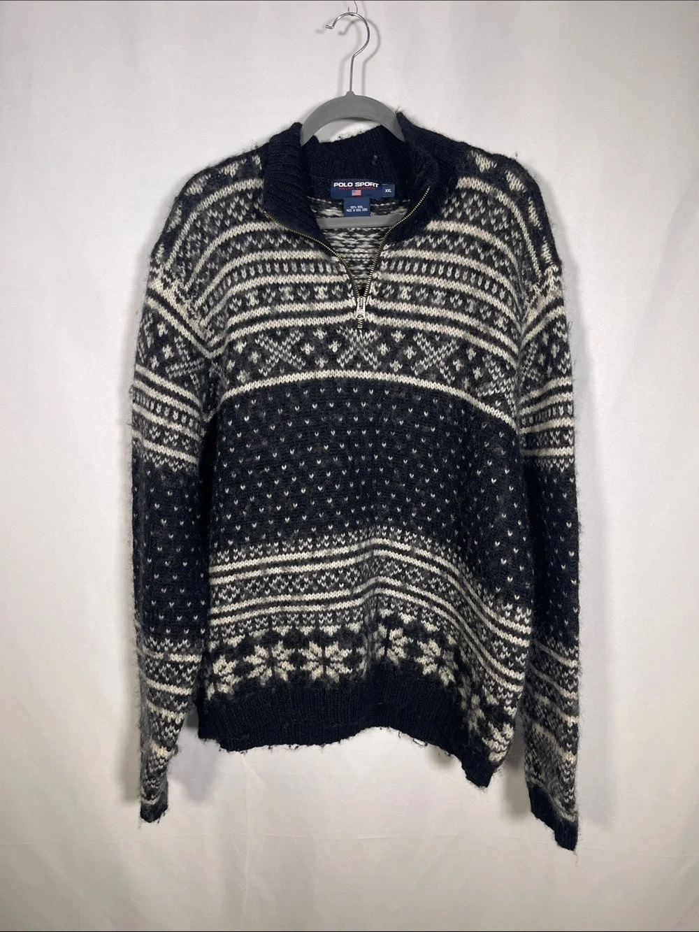 POLO SPORT RALPH LAUREN MENS BLACK WHITE QUARTER ZIP SWEATER VINTAGE WOOL XXL